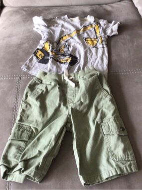 Carter's Boys Green Cargo Shorts and Gray Tee with Yellow Excavator Graphic